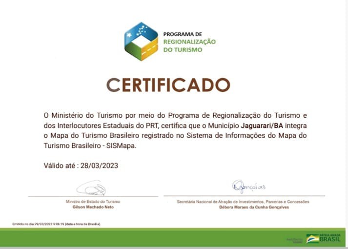 É pra valer: Jaguarari recebe certificado e passa a  integrar oficialmente o Mapa do Turismo Brasileiro